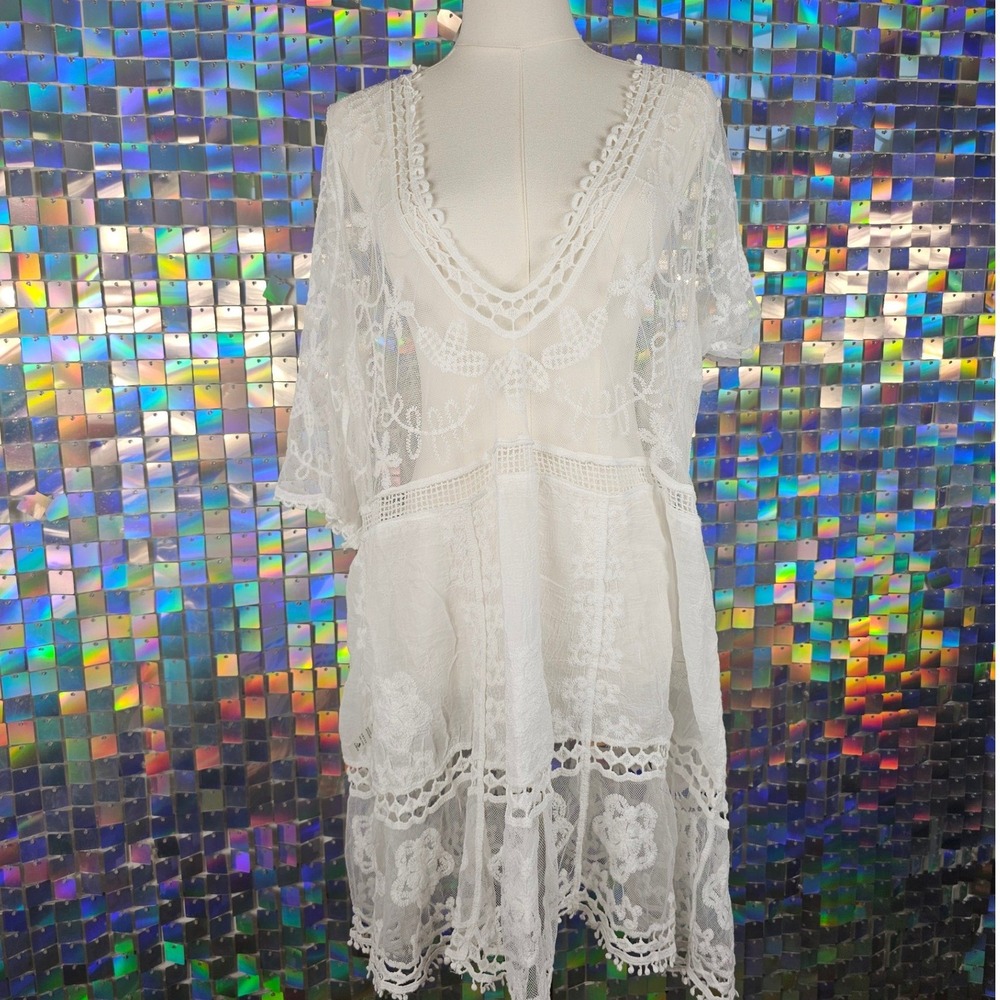 Eomenie Lace Swim Cover Up Women OS White NEW Boho Floral Crochet Dress